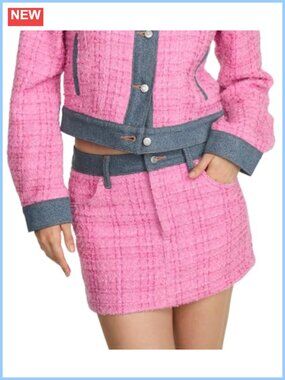Tweed Denim Mini Skirt Five-Pocket Belt Loop Zip Fly Work Skirt